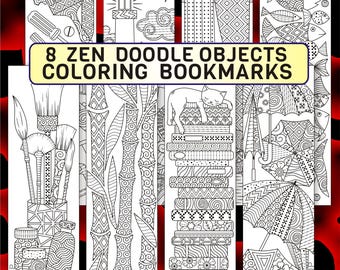 8 Printable Coloring Bookmarks – Hand-drawn Zen Doodle Pattern for Mindfulness and Stress Relief