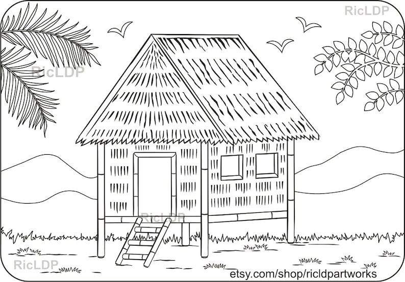 May include: A black and white line drawing of a thatched roof hut with a door and two windows. The hut is on stilts and there are palm trees and grass in the background.