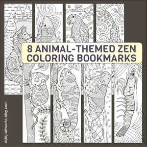8 Cute Animals Coloring Bookmarks for Kids – Printable Animal Zen Doodles: Shark, Chameleon, Walrus, Catfish, Shrimp, Tarsier, Wolf