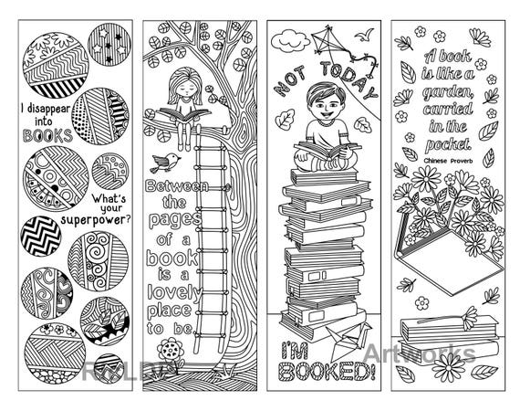 8 Coloring Bookmarks About Reading Cute Markers With Images of Books, Boy,  Girl, Birds, Coffee Inspiring Phrases Digital Download 