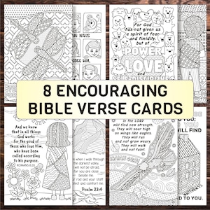 8 Bible Coloring Cards for Sunday School & Family Devotionals – Printable Scriptures: Romans 8, Mark 9, Isaiah 40, Philippians 4, Matthew 7