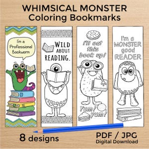 8 Whimsical Monster Coloring Bookmarks with Reading Quotes, Printable School Library Handout, Fun Bookish Craft Pack for Kids