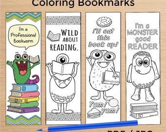 8 Whimsical Monster Coloring Bookmarks with Reading Quotes, Printable School Library Handout, Fun Bookish Craft Pack for Kids