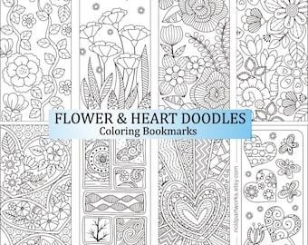 Coloring Bookmarks - Heart Doodles - Flower Zentangle - Valentines Day - Line Drawing - Leaves - Butterfly - Bird - Digital Download
