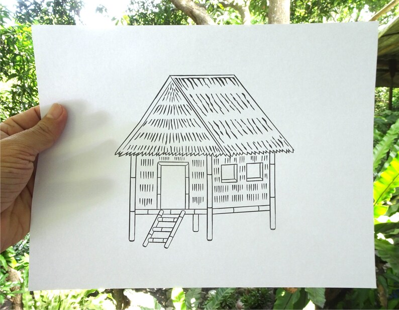 May include: A black and white line drawing of a small, thatched-roof hut with a simple door and two windows. The hut is built on stilts and has a ladder leading up to the door.