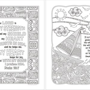 以下が含まれることがあります： 黒と白の塗り絵で、装飾的な枠と聖書の引用が書かれています。「主は私の力であり、私の盾です。私の心は彼を信頼し、彼は私を助けてくれます。私の心は喜び、私の歌で彼を賛美します。詩篇28:7」。2ページ目は、聖書の引用とともに、水に浮かぶ帆船が描かれています。「主はあなたの前に歩みます。彼はあなたと共にいます。彼はあなたを離れず、あなたを見捨てません。恐れるな、落胆するな。申命記31:8」