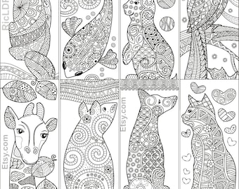 Animal Zentangle - Coloring Bookmarks - Line Artwork - Dog Doodle, Giraffe, Cat, Fish, Mouse, Bird, Fox, Rabbit - Digital Download