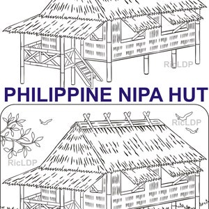 May include: A black and white line drawing of a traditional Filipino nipa hut, known as a bahay kubo. The hut has a thatched roof and is raised on stilts. The drawing includes the text "PHILIPPINE NIPA HUT" and "BAHAY KUBO".