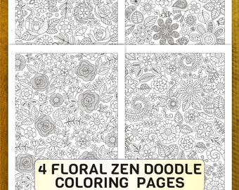 4 Floral Zen Doodle Coloring Pages, Mindful Relaxation Botanical Leaf Flower Sheet Pack, Seamless Pattern Adult Art Therapy Template, PDF