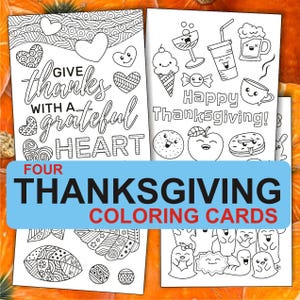 Four Adorable DIY Thanksgiving Coloring Cards for Kids and Adults – Printable Kawaii-Inspired Zen Doodle Designs