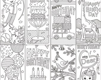 Birthday Coloring - Unique Bookmarks - Natal - Token - Greetings - Cute Giraffe - Happy Bday - Cake - Ice Cream - Digital Download