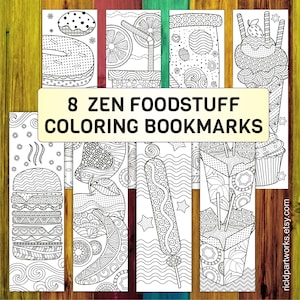 8 Food Coloring Bookmarks, Zentangle Inspired Fruit Vegetable Art Activity, Cooking Class Student Reward Page, Pizza Party Favor Pack, PDF