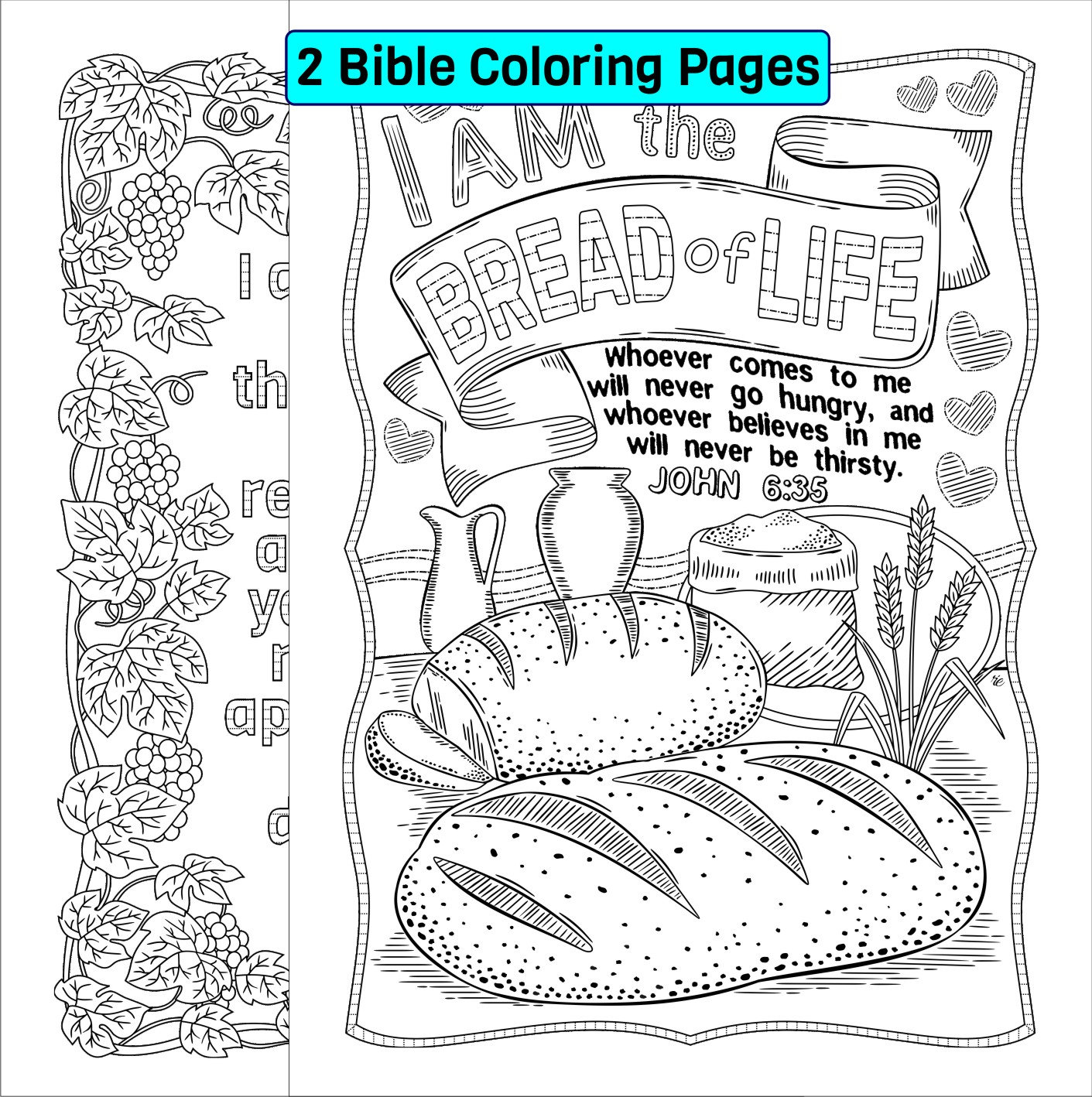 Two Bible Coloring Pages John 15 5 and John 6 35 Scripture Coloring