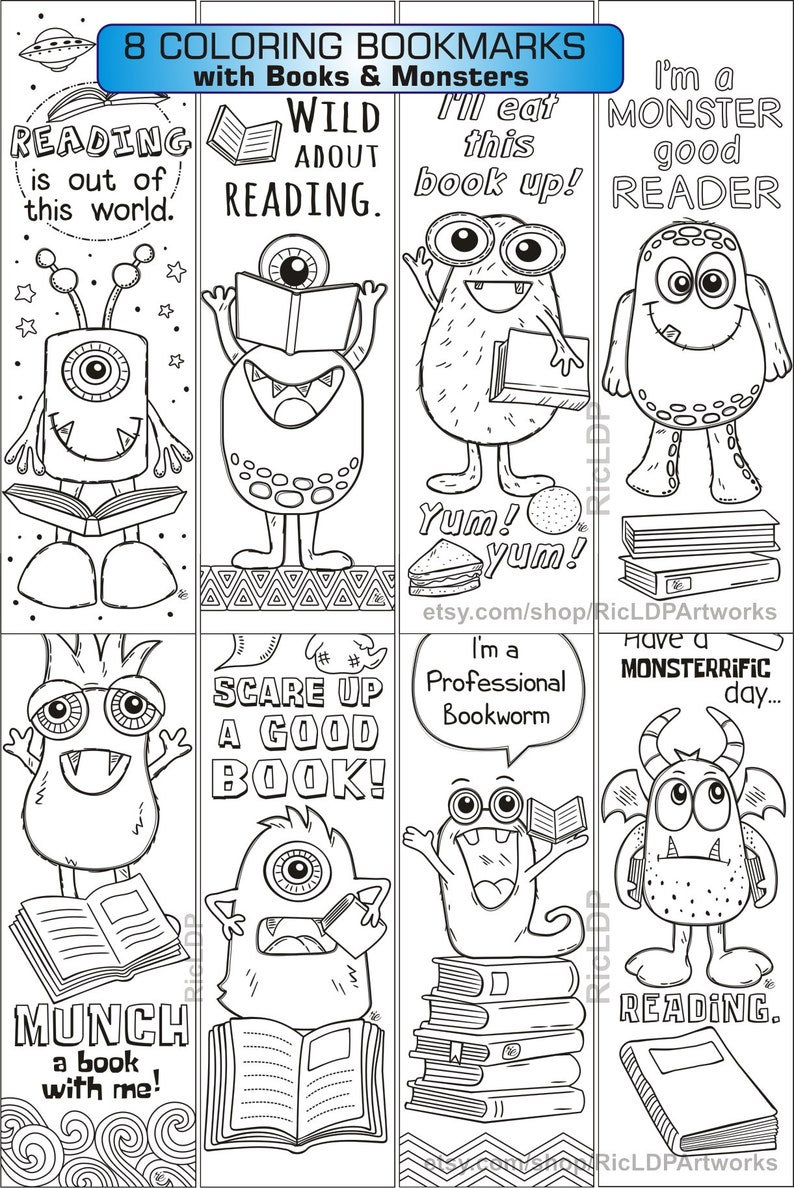 Set of 8 Coloring Bookmarks with Monster Drawings Cute - Etsy España
