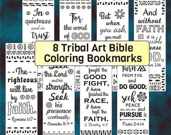 Tribal Art Bible Verse Bookmarks: Christian Coloring (PDF Download, Set of 8)