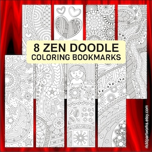 8 Heart Zen Doodle Coloring Bookmarks for Mindfulness Activity – Printable Line Art Designs: Sun, Moon, Stars,  Flowers, Leaves, Cute Girl