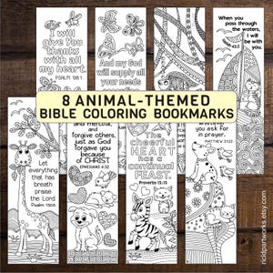 8 Animal-Themed Bible Coloring Bookmarks – Printable Scripture Zen Doodle Art: Isaiah 43, Philippians 4, Matthew 21, Proverbs 15, Psalm 138
