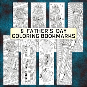 8 Father&#39;s Day Coloring Bookmarks - Printable Zen Doodle Line Art: Zentangle Necktie, Shirts, Tools, Feather, Pencil, Greetings to Dad