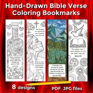 8 Hand Drawn Bible Verse Coloring Bookmarks, Zen Doodle Scripture Art, Adult Relaxation Mental Health Self Care Gift, Daily Devotional PDF
