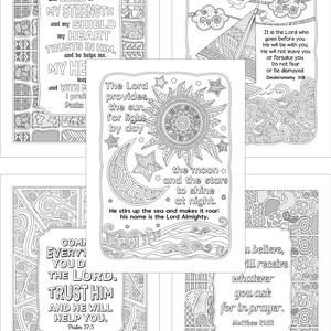 以下が含まれることがあります： 聖書の言葉が書かれた、白黒の塗り絵4枚。太陽、月、星、波などの複雑なデザインが描かれています。聖書の言葉は次のとおりです。「主は私の力であり、私の盾です。私の心は主を信頼し、主は私を救います。」「主は昼の光のために太陽を、夜の光のために月と星を与えてくださいました。主は海を揺さぶり、轟音を立てさせます。主の名は全能の主です。」「さあ、みんな来て聞いてください。主が私にしてくださったことをあなたに話しましょう。」「あなたが信じれば、祈りで求めるものは何でも与えられます。」