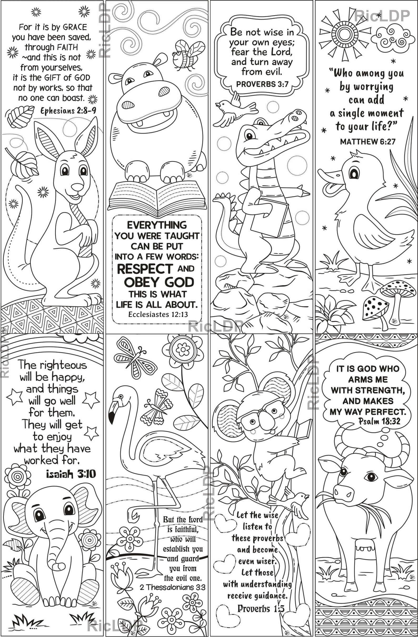 Set of 8 Coloring Bookmarks With Bible Verses Cute Animals - Etsy