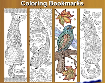 8 Hand Drawn Animal Coloring Bookmarks, Zen Art Doodles, Adult Relaxation Mindfulness Mandala Sheet, Teen Creative Stress Relief Activity