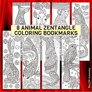 8 Printable Animal Coloring Bookmarks for All Ages – Animal Zen Art Doodles: Dog, Giraffe, Cat, Fish, Mouse, Bird, Fox Rabbit