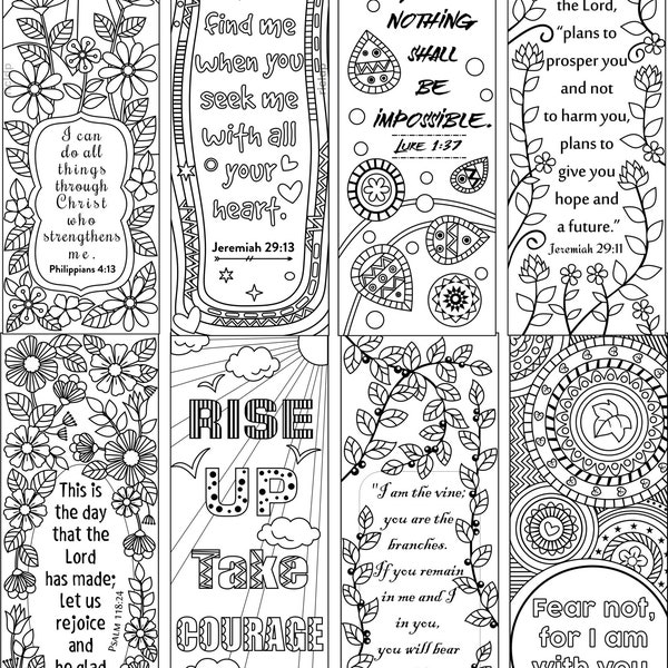 Coloring Bookmarks - Inspiring Bible Verses - Luke 1 37 -John 15 -Jeremiah 29 11 -Isaiah 41 10 -Philippians 4 -Ezra 10 -Digital Download