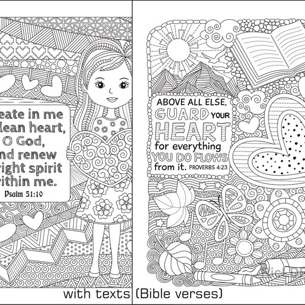 Printable Heart Coloring Pages - Coloring Pages with Scriptures - Psalm 51 10 - Proverbs 4 23 - Bible Verse - Digital Downloads