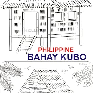 May include: A black and white line drawing of a traditional Filipino bahay kubo, a small house with a thatched roof, raised on stilts, and a ladder leading up to the entrance. The text "PHILIPPINE BAHAY KUBO" is written below the house.