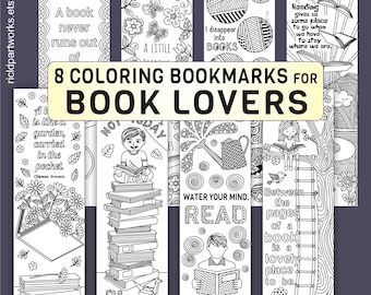 8 Printable Coloring Bookmarks for Book Lovers, Hand Drawn Reading Quotes, Cozy Book Club Gift, Novel Lover Relaxation Activity Page, PDF