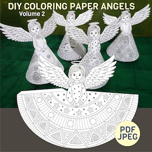 Four Printable Coloring Paper Angels (Vol 2) – DIY Christmas Craft for Kids, Holiday Decoration Templates, Cut and Assemble Angel Activity