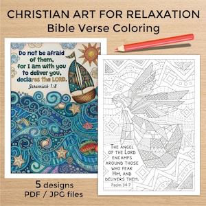 5 Bible Verse Coloring Pages, Christian Art for Relaxation, Anxiety Relief Therapy Journal Page, Spiritual Worship Meditation Template, PDF