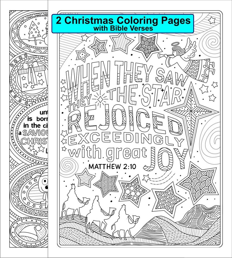 Two Christmas Coloring Pages Xmas Posters Matthew 2 10 Luke 2 11 Yuletide Ornaments Stars Baby Jesus Angel Digital Download image 3