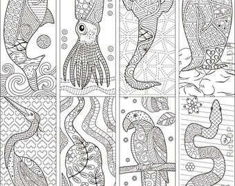 Set of 8 Animal Zentangle Coloring Bookmarks - Heron - Crocodile - Snake - Parrot - Penguin - Tiger - Squid - Dolphin - Digital Download