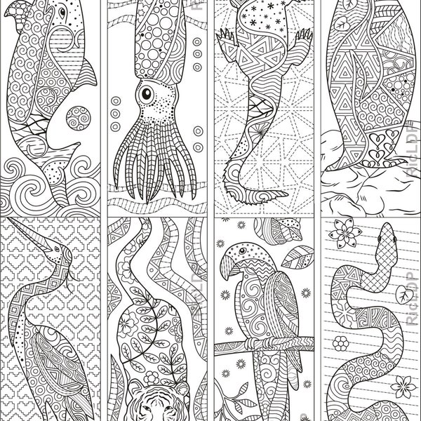 Animal Zentangle -  Coloring Bookmarks - Heron - Crocodile - Snake - Parrot - Penguin - Tiger - Squid - Dolphin - Digital Download