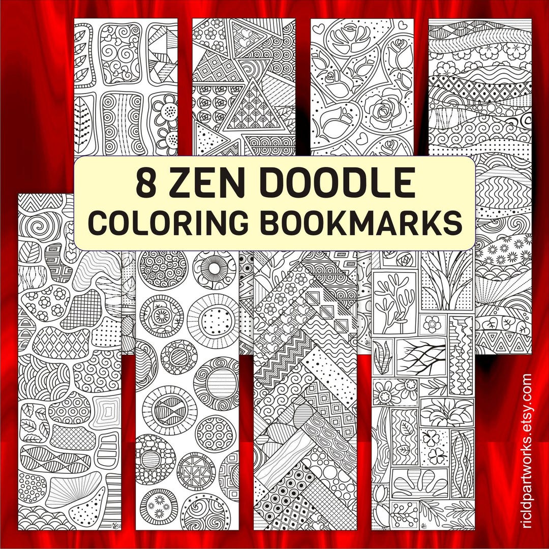 Zen Doodle Coloring Bookmarks: 8-pack Zentangle Line Art (PDF & JPEG ...