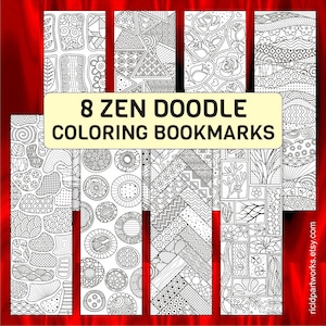 8-Pack Zen Doodle Bookmarks for Mindfulness Coloring and Relaxation – Printable Line Art: Relaxing Patterns, Seamless Zentangle