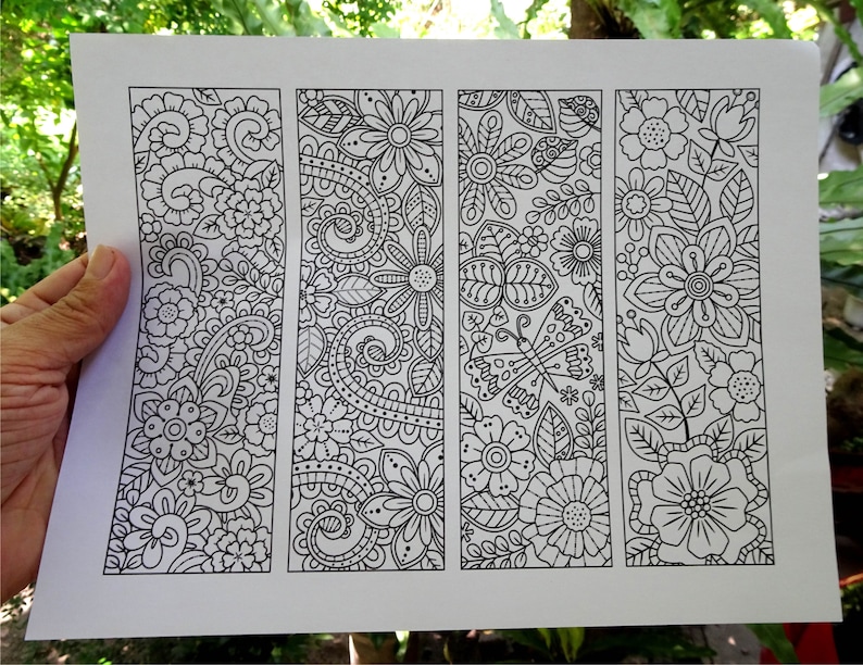 sample printout of zentangle flower coloring bookmarks