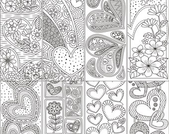 Set of 8 Coloring Bookmarks with Heart Doodles - Zentangle Markers - Valentine Zendoodles - Digital Download