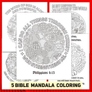 Könnte beinhalten: Ein Satz von fünf Bibel-Mandala-Malvorlagen. Jede Seite zeigt komplizierte kreisförmige Designs mit inspirierenden Zitaten und Bibelversen. Der Text "Ich vermag alles durch Christus, der mich stärkt" ist sichtbar.