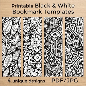 4 Printable Bookmarks, Black White Paisley Pattern Geometric Fish Leaves Art, Ready to Print Minimalist Aesthetic Book Marker, PDF