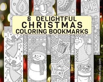 8 Christmas Coloring Bookmarks for Kids and Adults – Printable Xmas Doodles: Snowman, Angels, Santa Claus, Candle, Gifts, Ornaments