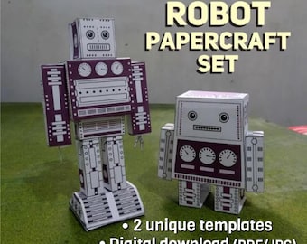 Printable Robot Papercraft Set, DIY 3D Coloring Toy, Foldable Space Android Boy Birthday Party Activity Sheet, Kindergarten Craft Pack
