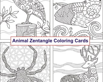 Zentangle  Animals - Coloring Cards - Camel - Rhino - Deer - Whale - Pelican - Hog - Ostrich - Spider - Zen Doodle - Digital Download