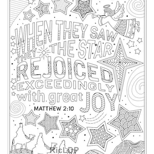 Two Christmas Coloring Pages - Xmas Posters - Matthew 2 10 - Luke 2 11 - Yuletide Ornaments - Stars - Baby Jesus - Angel - Digital Download