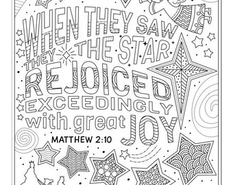 Two Christmas Coloring Pages - Xmas Posters - Matthew 2 10 - Luke 2 11 - Yuletide Ornaments - Stars - Baby Jesus - Angel - Digital Download