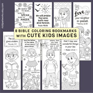 8 Bible Coloring Bookmarks with Cartoon Children Images, Printable Scripture Art for Youth Group, Fun Christian Activity Pack Sheet, PDF