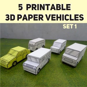 May include: Five 3D paper vehicles, including a yellow car and a white school bus, are displayed on a green surface. The text "5 PRINTABLE 3D PAPER VEHICLES SET 1" is at the top of the image.