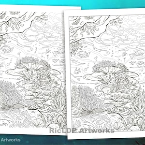 Two Under-the-Sea Coloring Pages Hand Drawn Doodles Boy swimming Whale, Shark, Stingray, Fishes, Turtle & Corals Digital downloads image 3